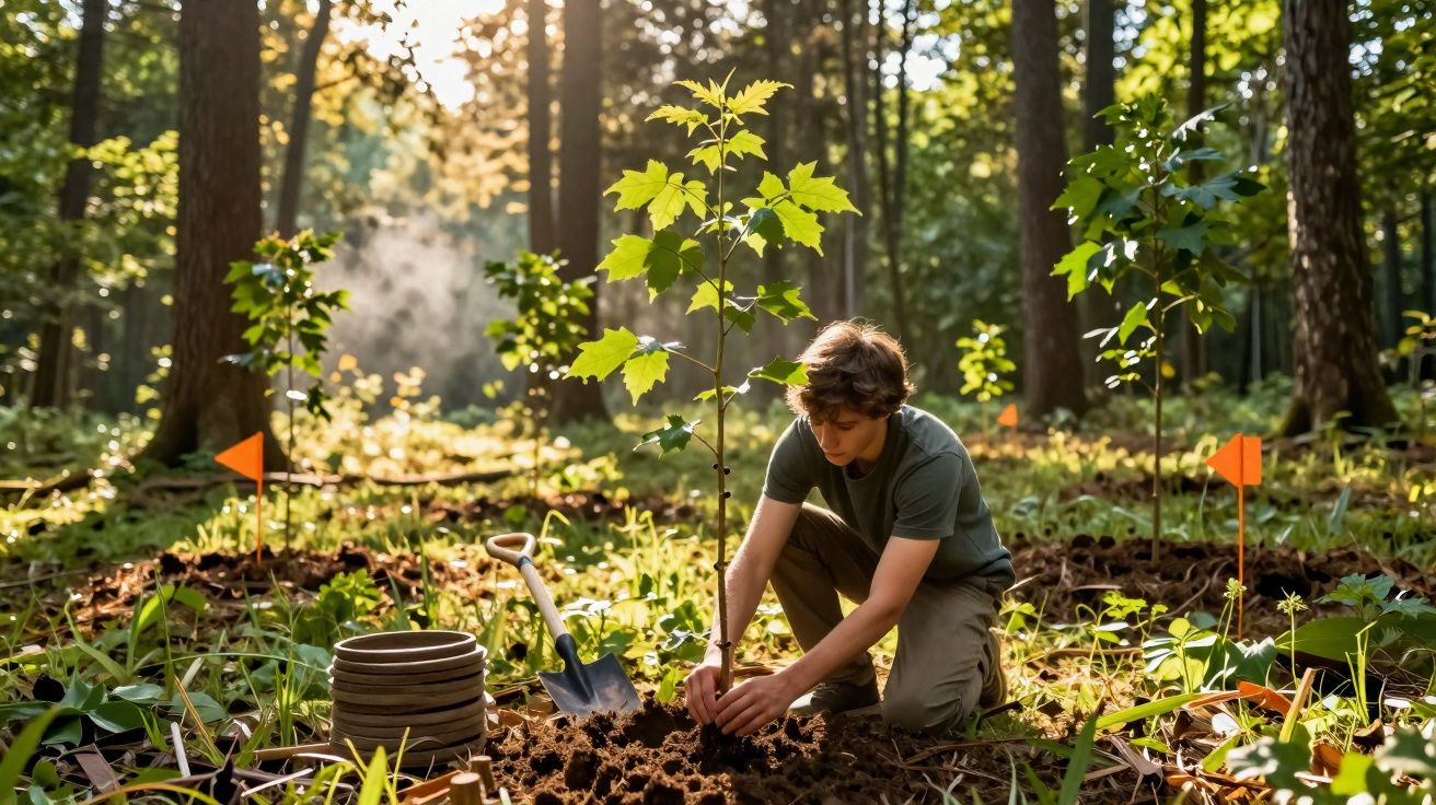 Pessoa jovem plantando muda de árvore em área de reflorestamento com luz do sol entre as árvores ao fundo.