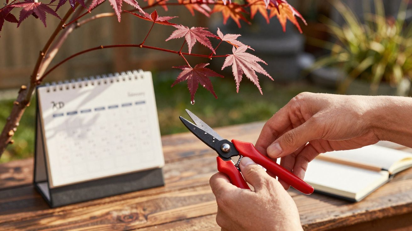 Mãos segurando tesoura vermelha próximas a folhas vermelhas de árvore, com calendário e caderno ao fundo.