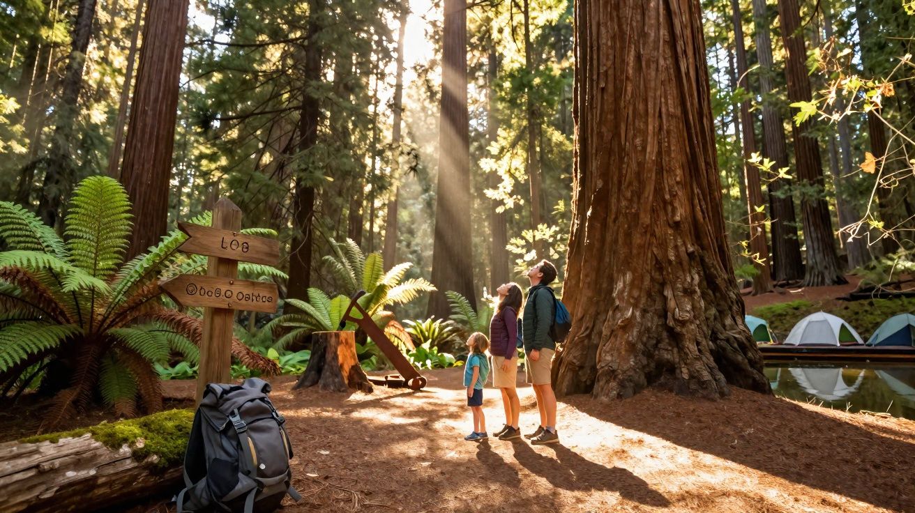 Família contemplando árvore gigante na floresta durante passeio de camping com barracas ao fundo.