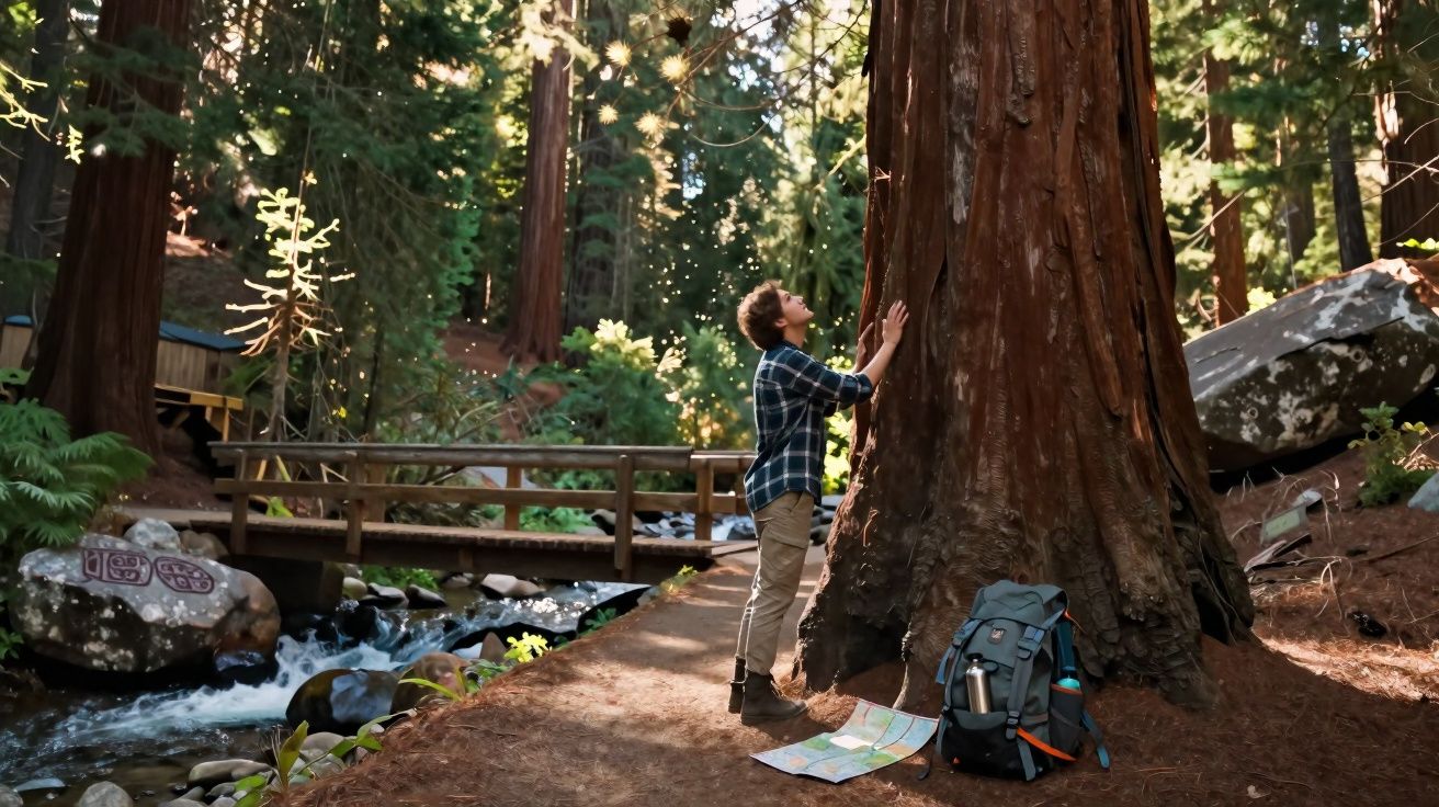 Pessoa olhando para uma árvore gigante em uma floresta, com mochila e mapa no chão ao lado.