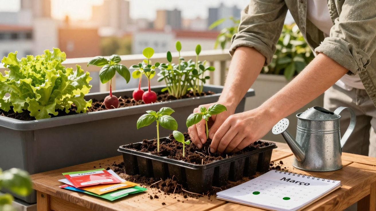 Pessoa transplantando mudas para vasos em mesa de madeira com regador, sementes e calendário de março.