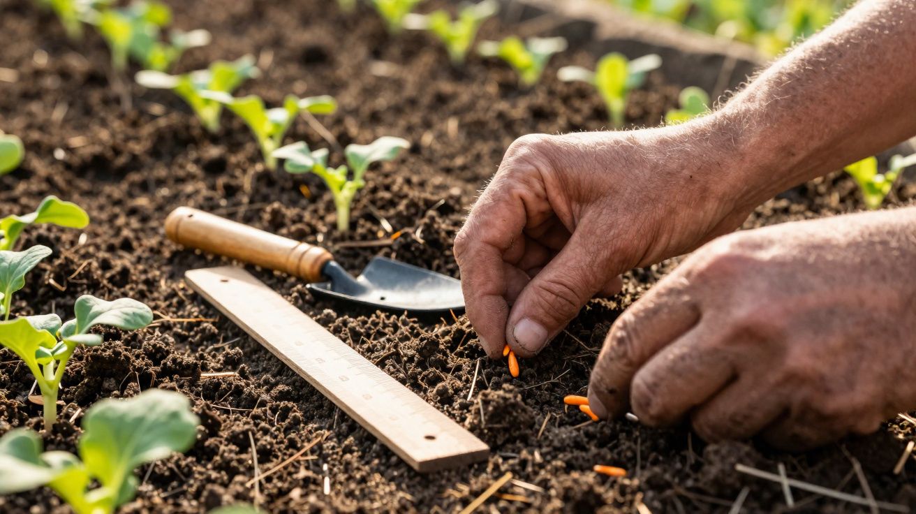 Mãos plantando sementes na terra ao lado de mudas com uma régua e uma pequena pá de jardinagem.