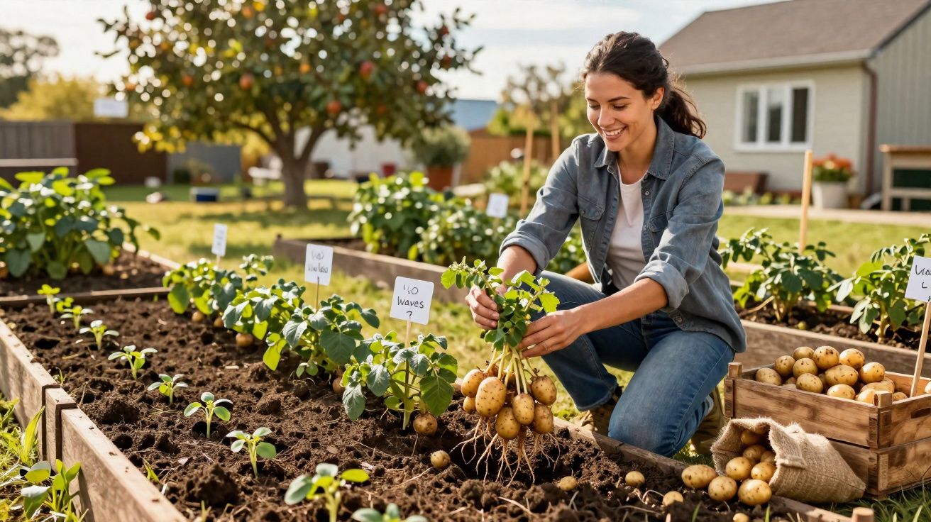 Mulher colhendo batatas em uma horta ao ar livre em manhã ensolarada.