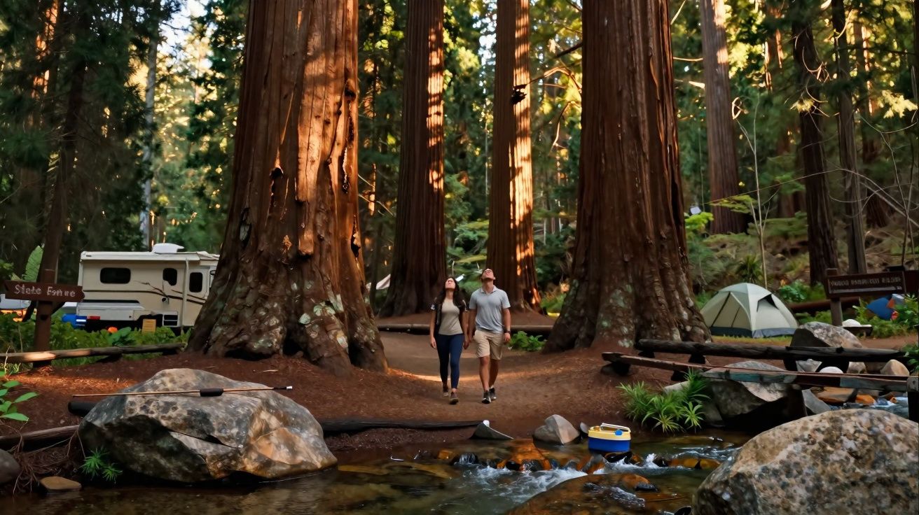 Casal caminhando em floresta de árvores grandes com barracas e trailer ao fundo, próximo a riacho.