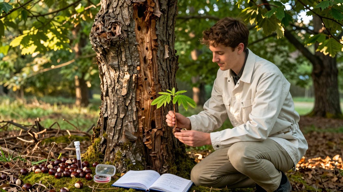 Jovem agachado na floresta examinando muda de árvore, com caderno aberto e castanhas ao redor.