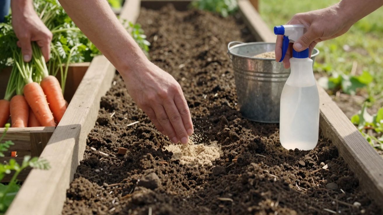 Pessoa semeando terra em canteiro de madeira com regador e cenouras ao lado.