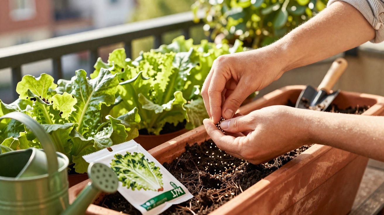 Mãos plantando sementes em vaso com terra e alface ao fundo em varanda ensolarada.