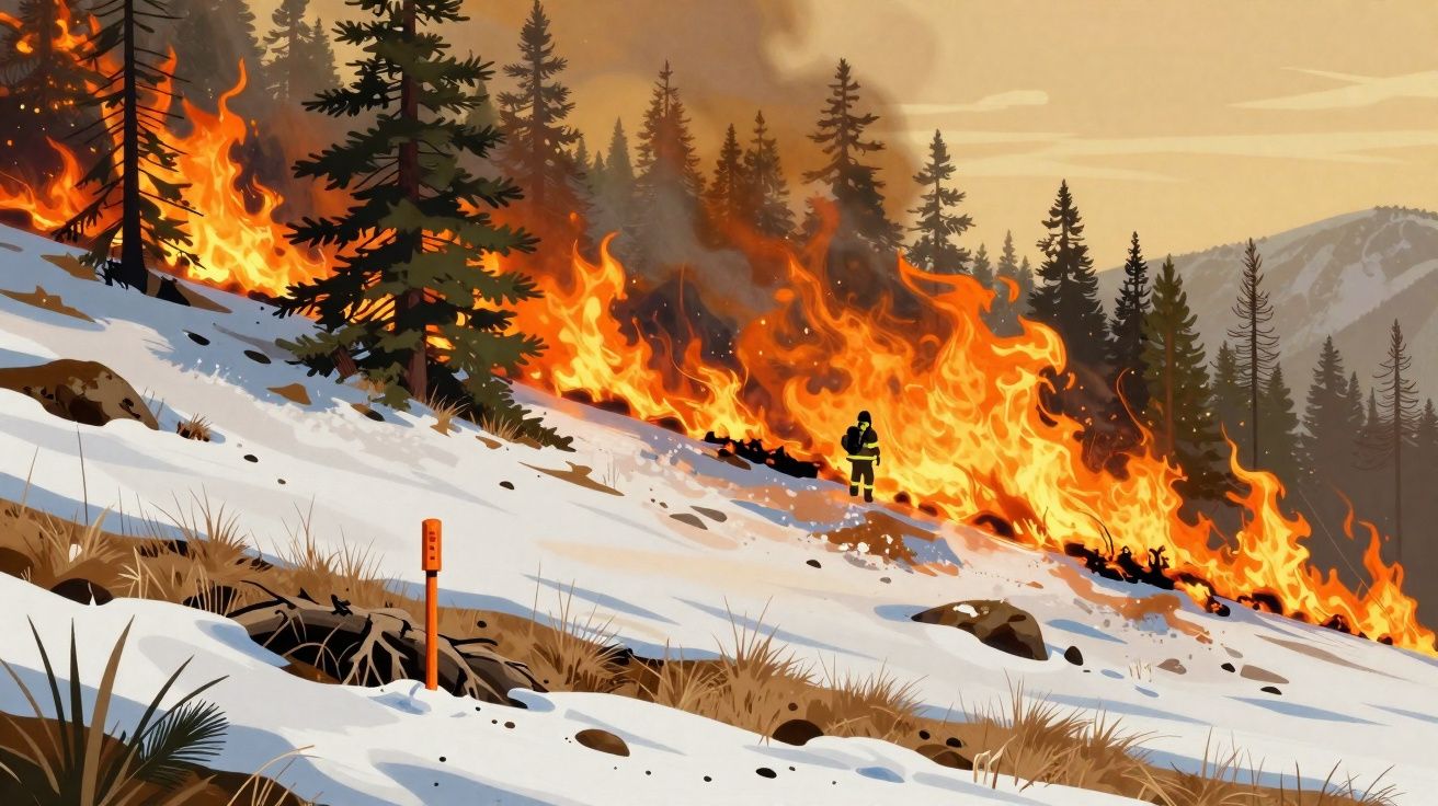 Incêndio florestal avança em área com neve, com bombeiro tentando controlar as chamas nas árvores.