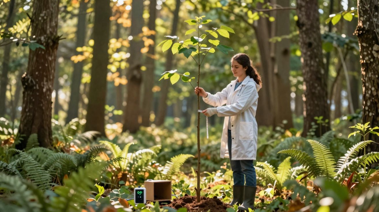 Mulher cientista mede altura de muda de árvore em floresta com vegetação e iluminação natural.