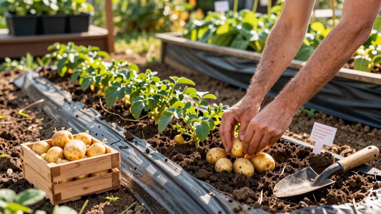 Mãos colhendo batatas na horta, com caixa de madeira cheia de batatas ao lado e plantas ao fundo.