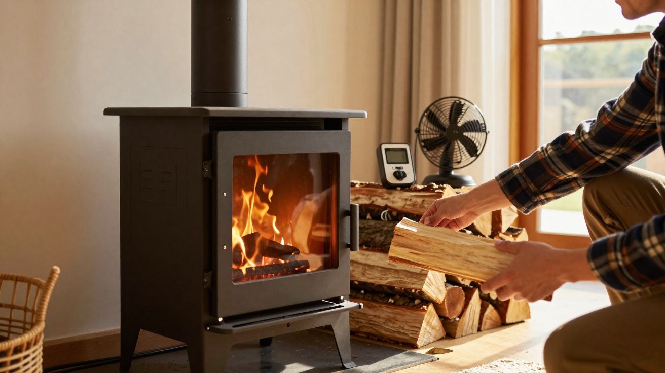 Pessoa colocando lenha em lareira acesa em ambiente interno com janela ao fundo.