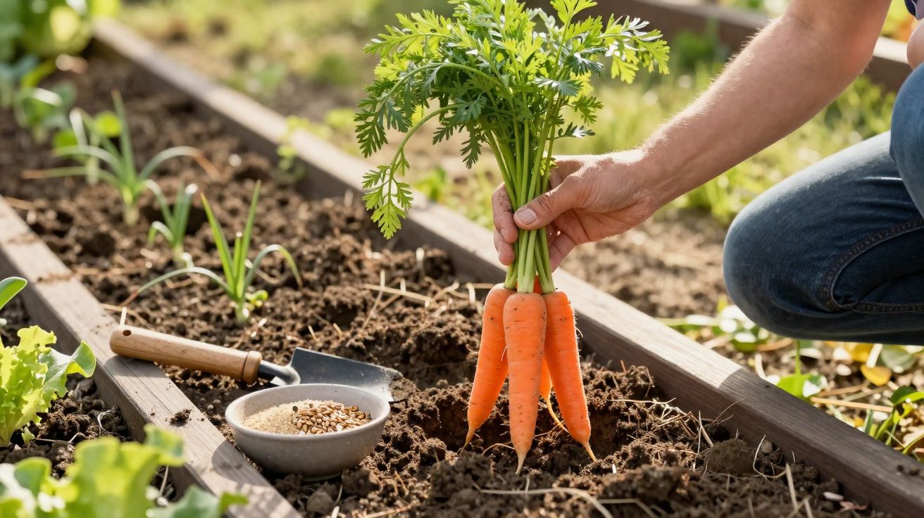 Pessoa colhendo cenouras frescas em horta, com enxada e tigela com sementes ao lado.