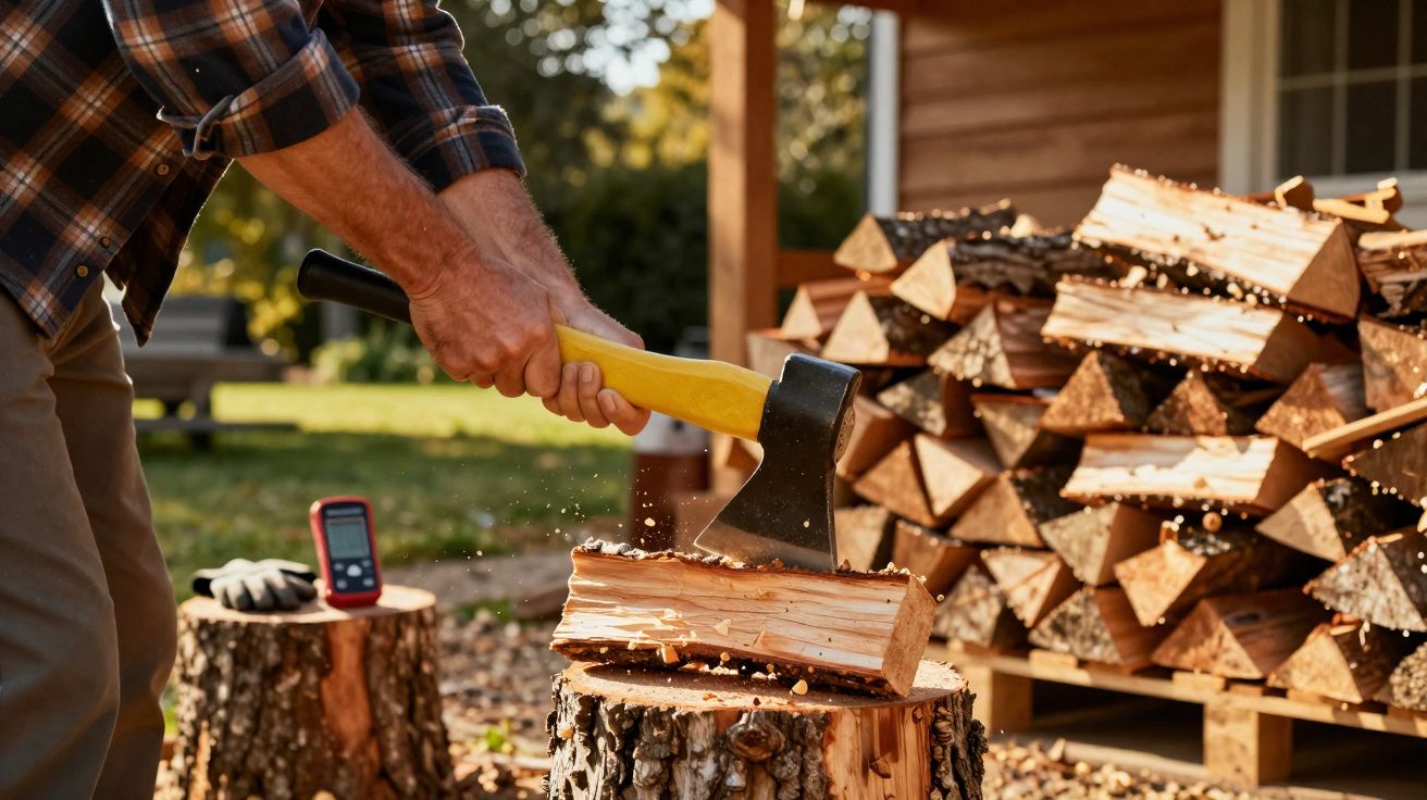 Pessoa cortando madeira com machado ao ar livre em um tronco próximo a pilha de lenha.