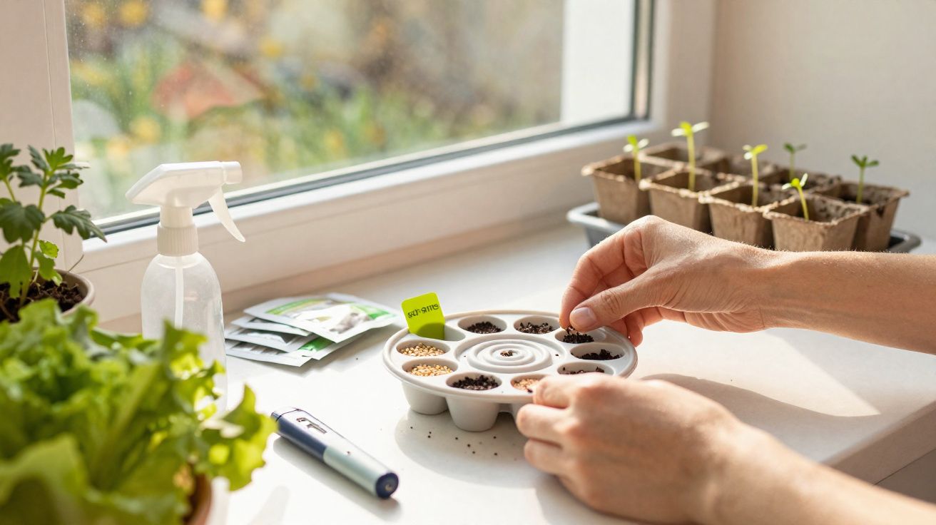 Mãos plantando sementes em bandeja de mudas na luz do dia na janela com spray e vasinhos ao redor.