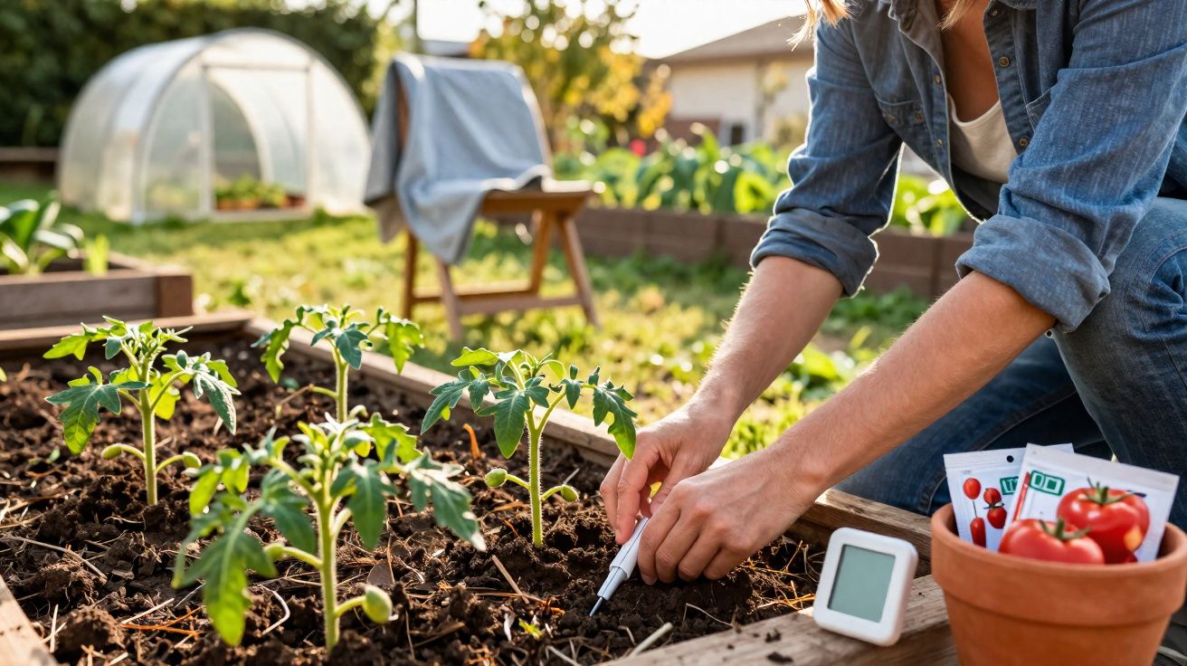 Pessoa cuidando de mudas de tomate em canteiro de jardim com estufa ao fundo ao entardecer.