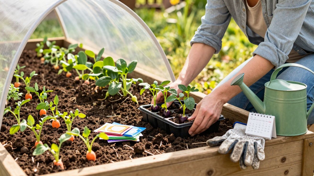 Pessoa transplantando mudas em canteiro de madeira com regador, luvas, cadernetas e plantas crescidas.