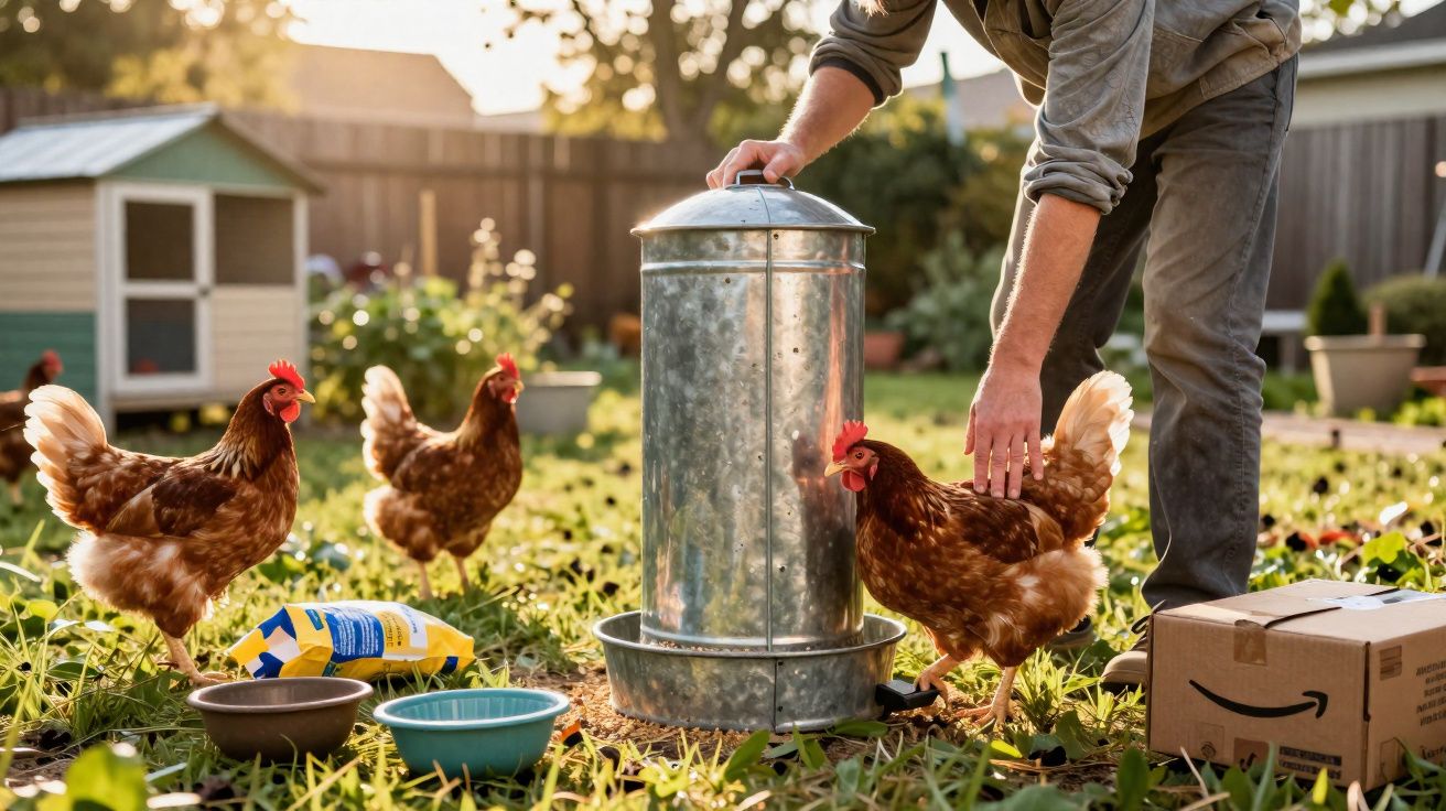 Homem alimenta galinhas em quintal com galinheiro e equipamento de alimentação metálico.