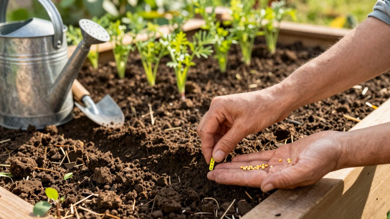Mãos plantando sementes em canteiro de madeira com regador e pá de jardinagem ao fundo.