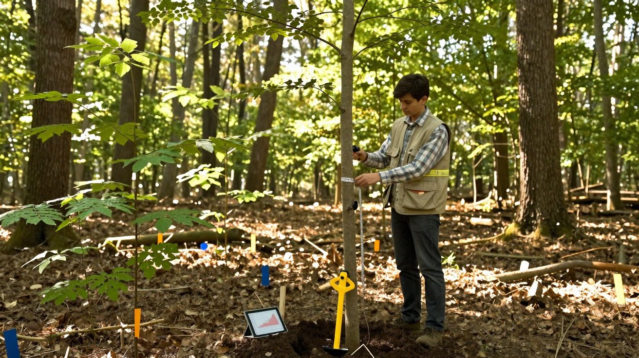 Homem vestindo colete, analisando sensores instalados em árvore em uma floresta durante o dia.