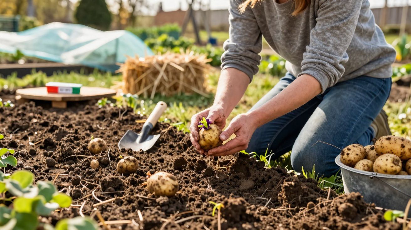 Pessoa colhendo batatas em jardim, com pá e balde cheio de batatas ao lado.