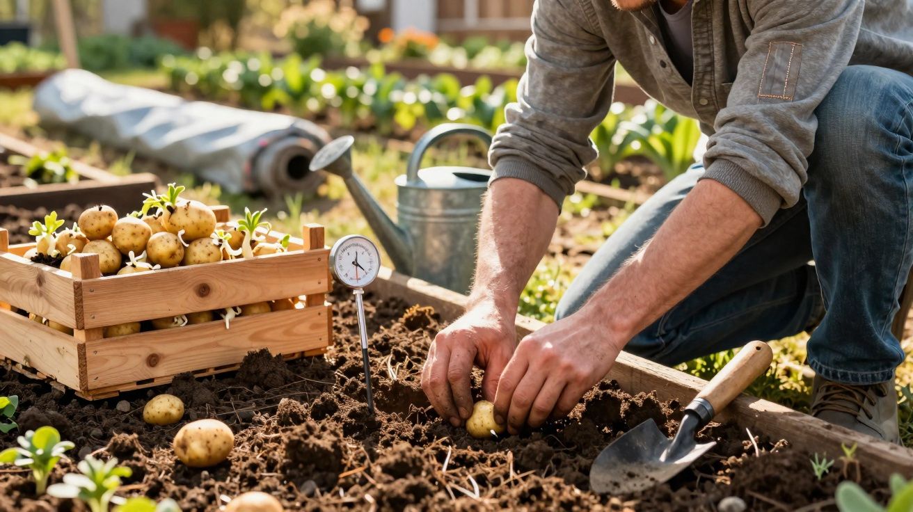 Pessoa plantando batatas em canteiro com caixa de batatas e regador ao fundo em horta.