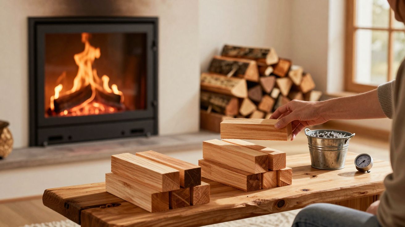 Pessoa empilhando blocos de madeira em uma mesa perto de uma lareira acesa em ambiente aconchegante.