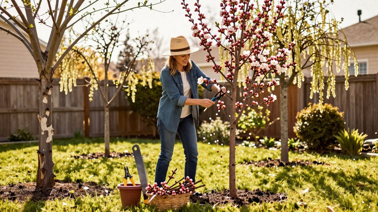 Mulher com chapéu podando árvore florida vermelha em jardim ensolarado com ferramentas e cesta no chão.
