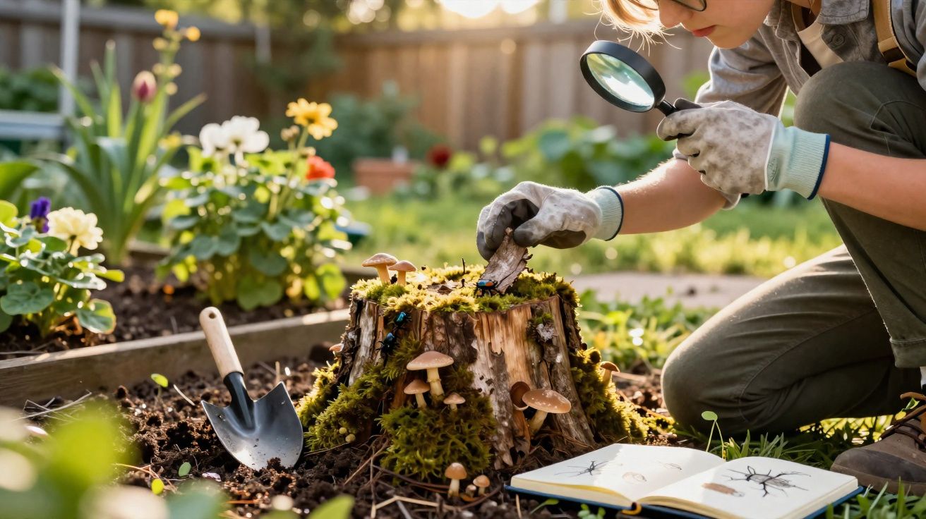 Pessoa observando insetos em toco de árvore com lupa em jardim, ao lado de caderno e pá de jardinagem.