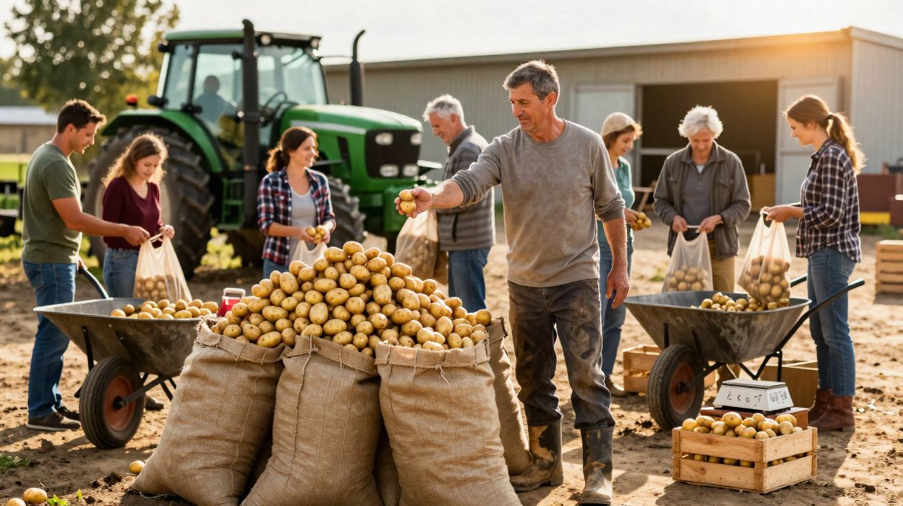 Grupo de pessoas embalando batatas ao ar livre em fazenda com trator e sacos grandes.