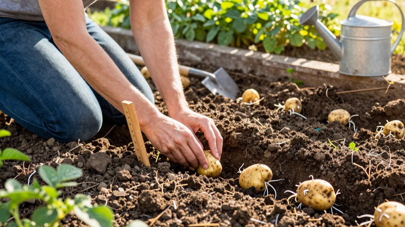 Pessoa plantando batatas germinadas em solo fértil em um canteiro de jardim ensolarado.