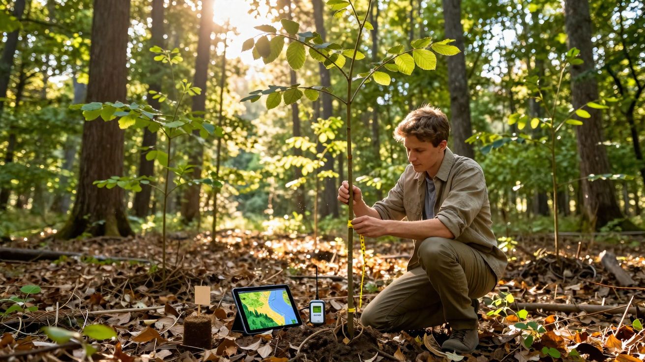 Jovem em floresta medindo altura de muda de árvore ao lado de tablet e aparelho eletrônico no chão.