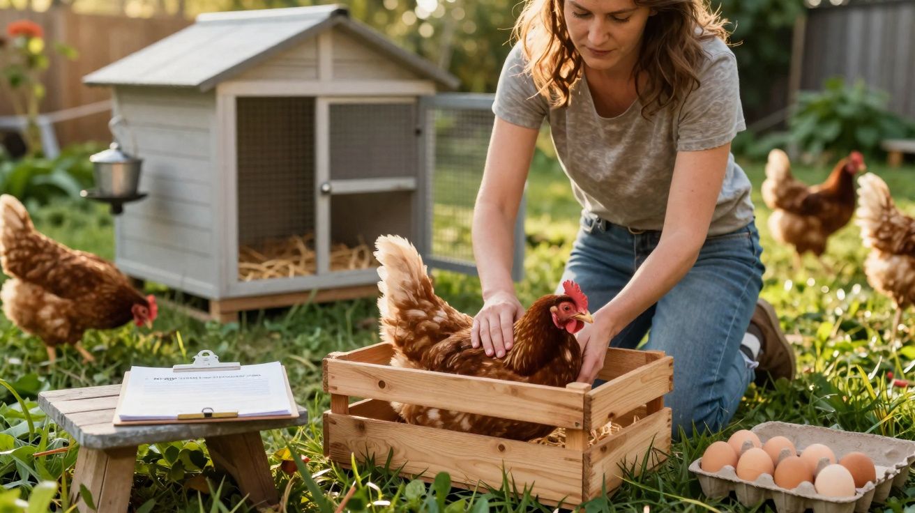 Mulher coleta galinha em caixa de madeira ao ar livre, com galinheiro e ovos ao redor.