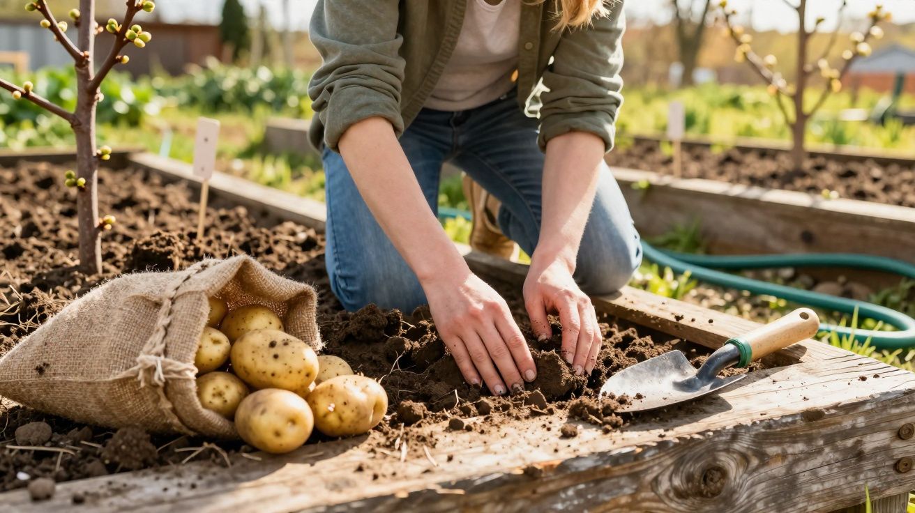 Pessoa plantando batatas em canteiro de madeira com pá e saco aberto de batatas ao lado.