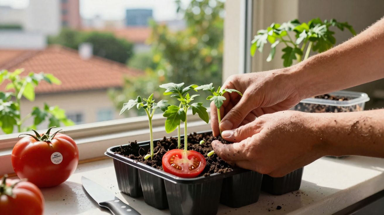 Mãos plantando mudas de tomate em bandeja com terra ao lado de tomates frescos e uma faca na bancada.