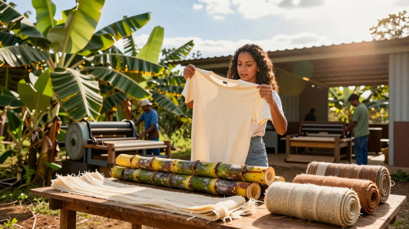 Mulher inspeciona camiseta ao ar livre com cana-de-açúcar e tecidos naturais em mesa de madeira.