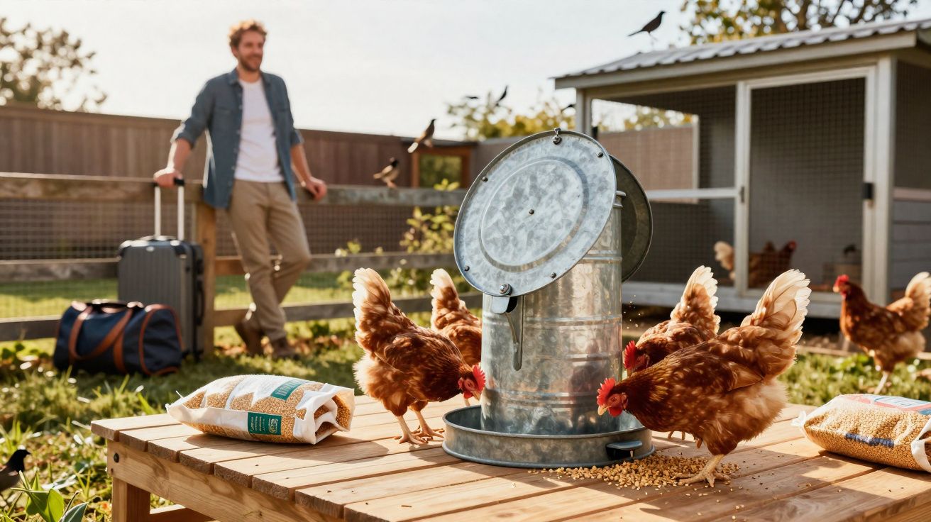 Galinha comedouro em área externa, homem com mala e mochila ao fundo em sítio ensolarado.