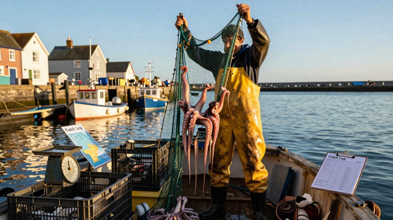 Pescador em barco no porto segurando rede com polvos recém-pescados ao entardecer.