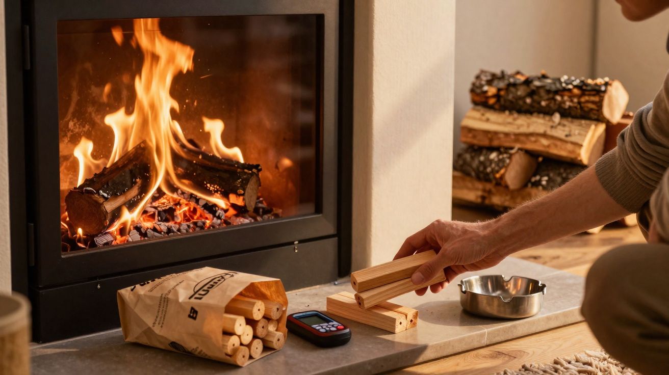 Pessoa colocando gravetos em lareira acesa, com lenha e controle remoto ao lado.