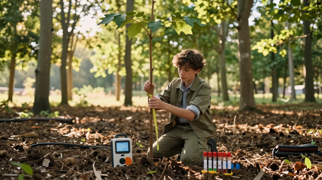 Garoto mede altura de muda de árvore em floresta com equipamentos de pesquisa ao redor.
