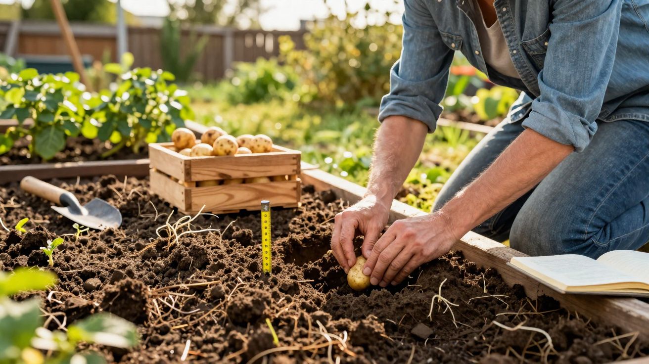 Pessoa plantando batatas em um canteiro de jardim com caixa de batatas e caderno aberto ao lado.