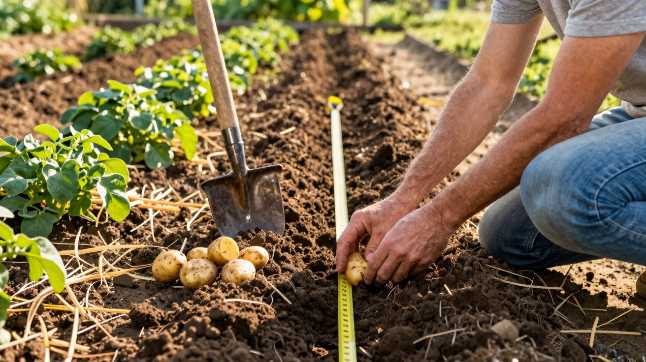 Pessoa colhendo batatas em plantação com pá cravada na terra e régua ao lado no campo.