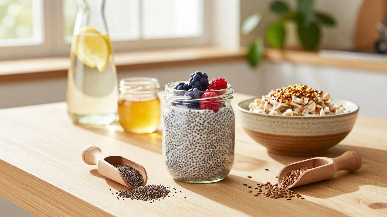 Pudim de chia com frutas vermelhas, sementes, mel, castanhas e jarra com água e limão sobre mesa de madeira.