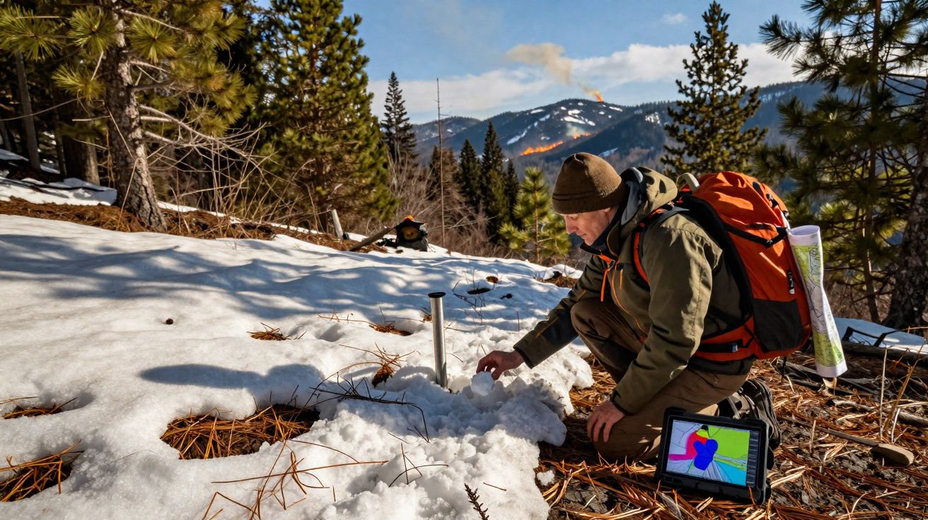 Homem com mochila coleta amostra de neve com fogo em montanha ao fundo em floresta de pinheiros.