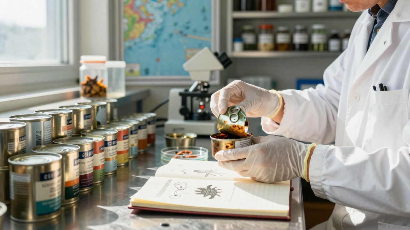 Pesquisador em laboratório abrindo lata com insetos para estudo, com anotações e microscópio ao fundo.