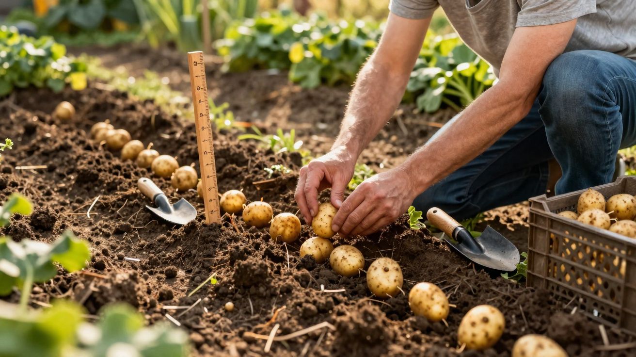 Pessoa colhendo batatas em fileira no solo de um jardim com ferramentas de jardinagem ao redor.