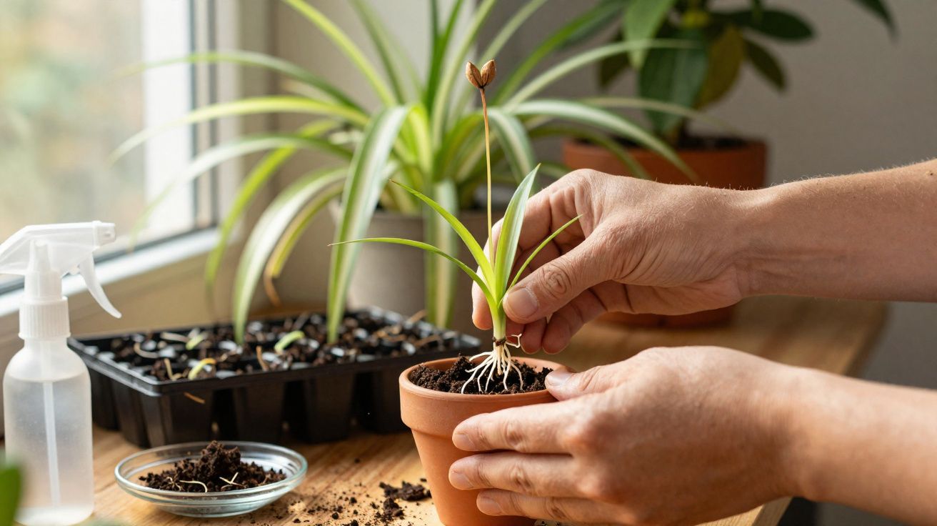 Pessoa transplantando muda de planta em vaso de barro em ambiente interno com outras plantas ao fundo.
