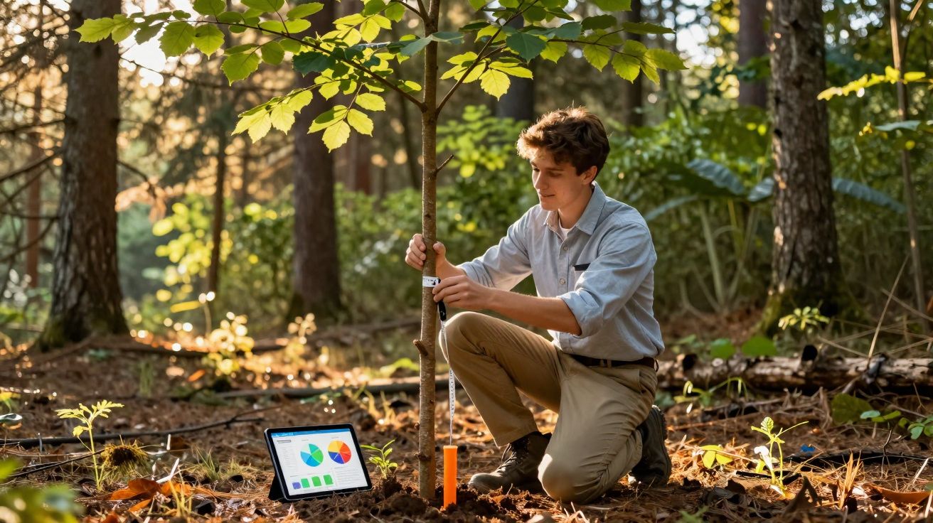 Jovem medindo tronco de árvore jovem em floresta com tablet exibindo gráficos no chão.
