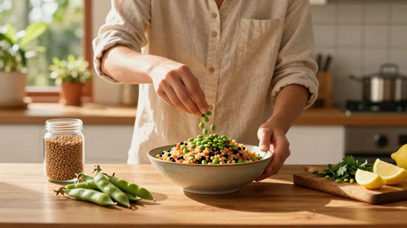Pessoa temperando salada de grãos com ervilhas frescas em cozinha iluminada naturalmentem