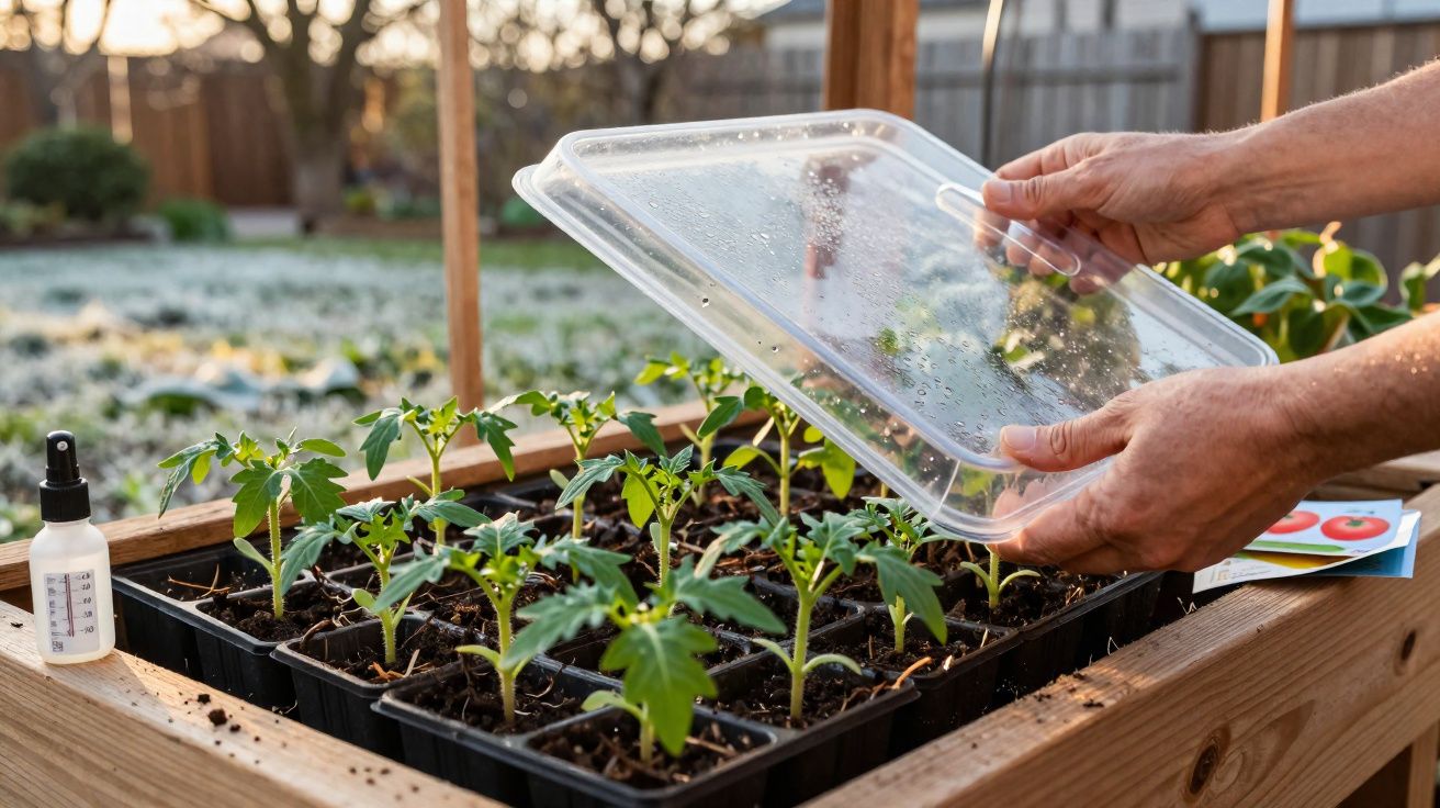 Mãos retirando tampa plástica de sementeira com mudas verdes em jardim ao amanhecer.