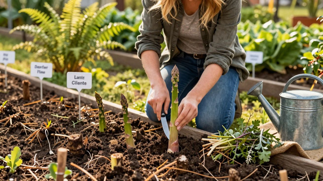 Pessoa colhendo aspargos em um canteiro de jardim com regador e plantas ao redor.